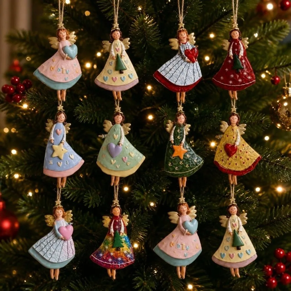 4 pcs Fantasy Wooden Christmas Tree Decor 2D Flat Colorful Design Christmas Hanging Ornaments Girl-Shaped Pendant Home Decor
