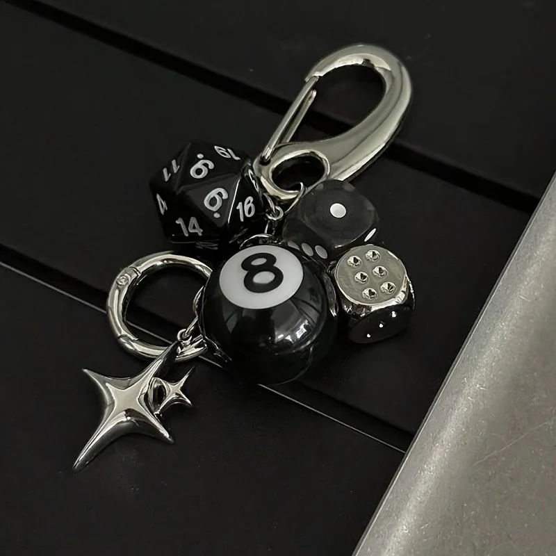 Llavero de Dados Negros de Billar, Estilo Hiphop, Dados de la Suerte, Colgante Y2K, Amuleto para Bolsa, Joyería Punk, Accesorios Geniales, Amuletos para Bolsa, Regalo de Cumpleaños