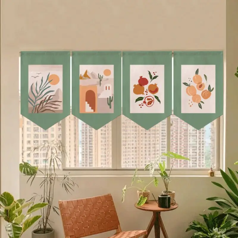 Ins Style Minimalist Bohemian Abstract Fruit And Vegetable Plant Triangle Hanging Flag Short Curtain Bedroom Kitchen Door Decor