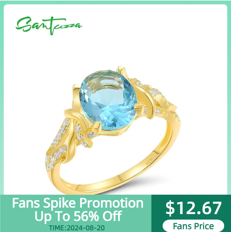 

SANTUZZA Pure 925 Sterling Silver Ring For Women Sparkling Blue Glass White Cubic Zirconia Yellow Plated Fine Fashion Jewelry