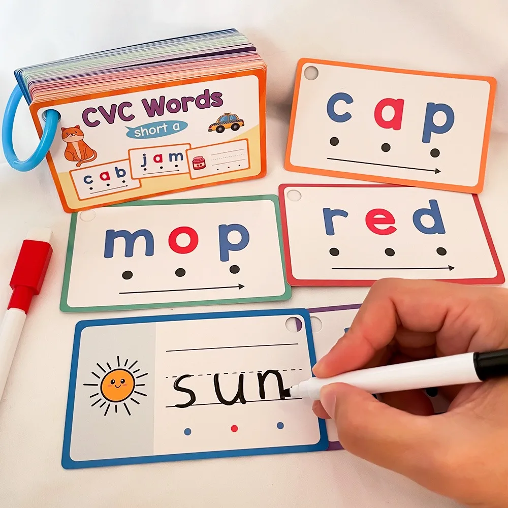 

60pcs Phonics CVC Words Dry Erase Handwriting Flash Cards Phonics Game Beginning Phonics Word Builders Spelling Reading Words