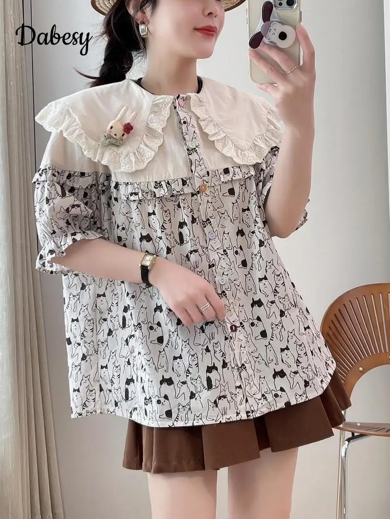 

Sweet Cartoon Print Patchwork Shirt Women Japanese Ruffled Peter Pan Collar Puff Sleeve Kawaii blousa Casual single-breasted Top