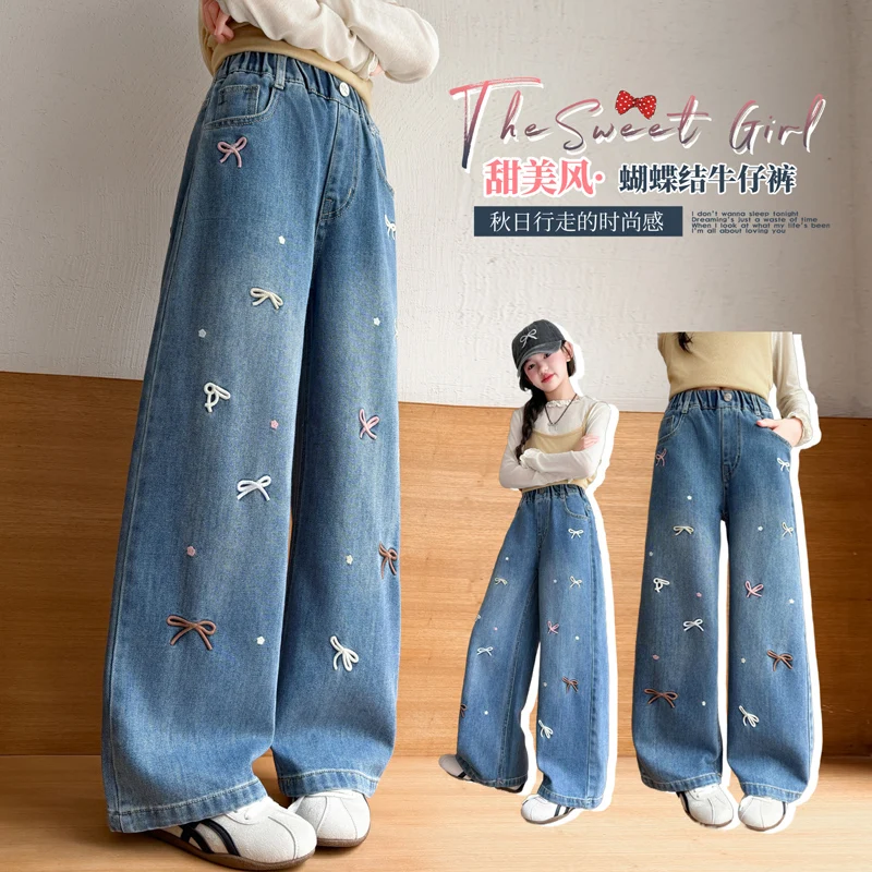 Vintage Blue Jeans for Girls High Waist Y2K Fashion Splicing Bow Straight Leg American Street Trousers Daily Wear 4-14 Years