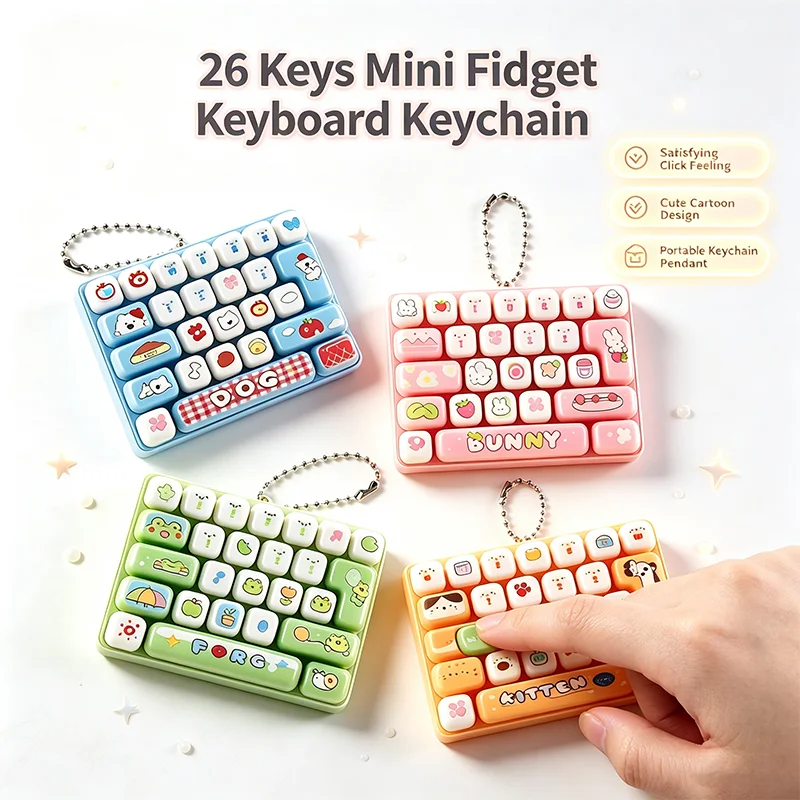 Cartoon Mini Fidget Keyboard Keychain 26 Keys Click Sound Sensory Fidget Toy Stress Relief Bag Charm Pendant Decor Novelty Gift