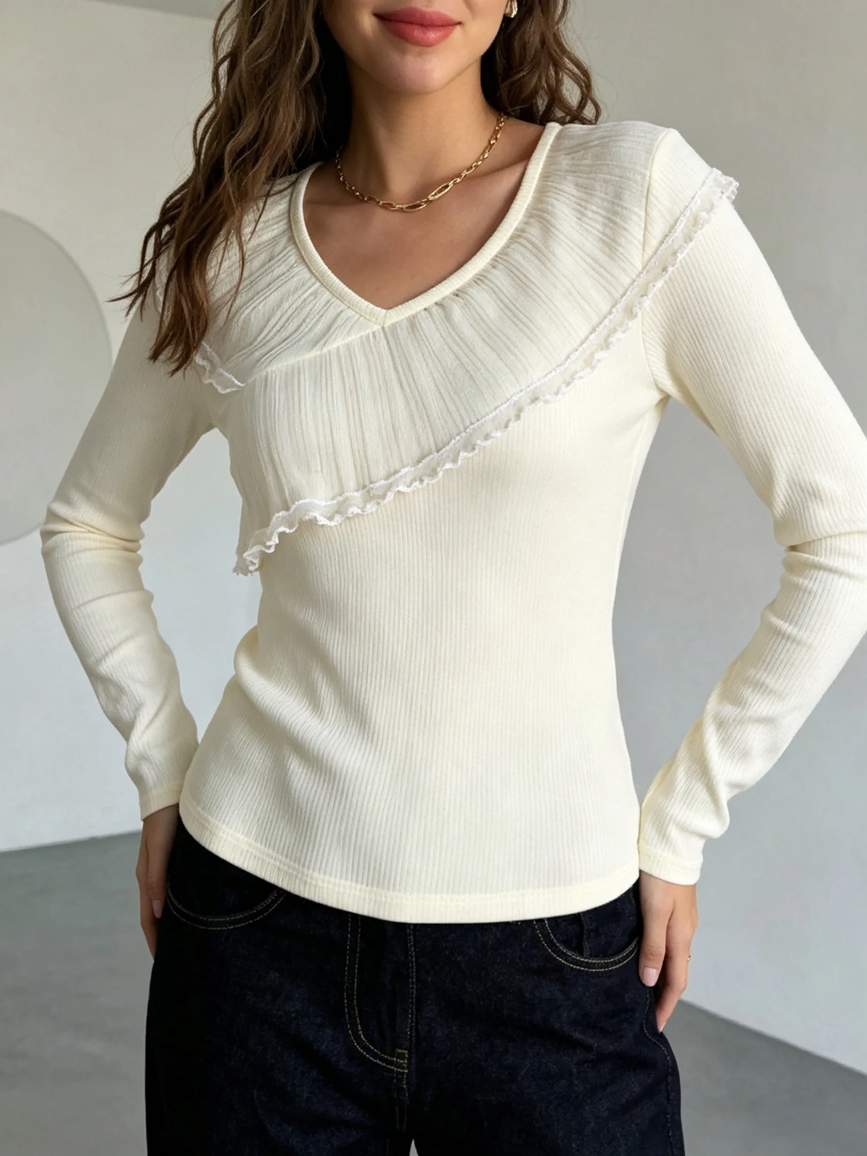 Women's T-Shirt V Neck Ruffle Lace Long Sleeve Top Ribbed Slim Tops Elegant Tee Autumn Top Trendy T-Shirt Date Soft Blouse