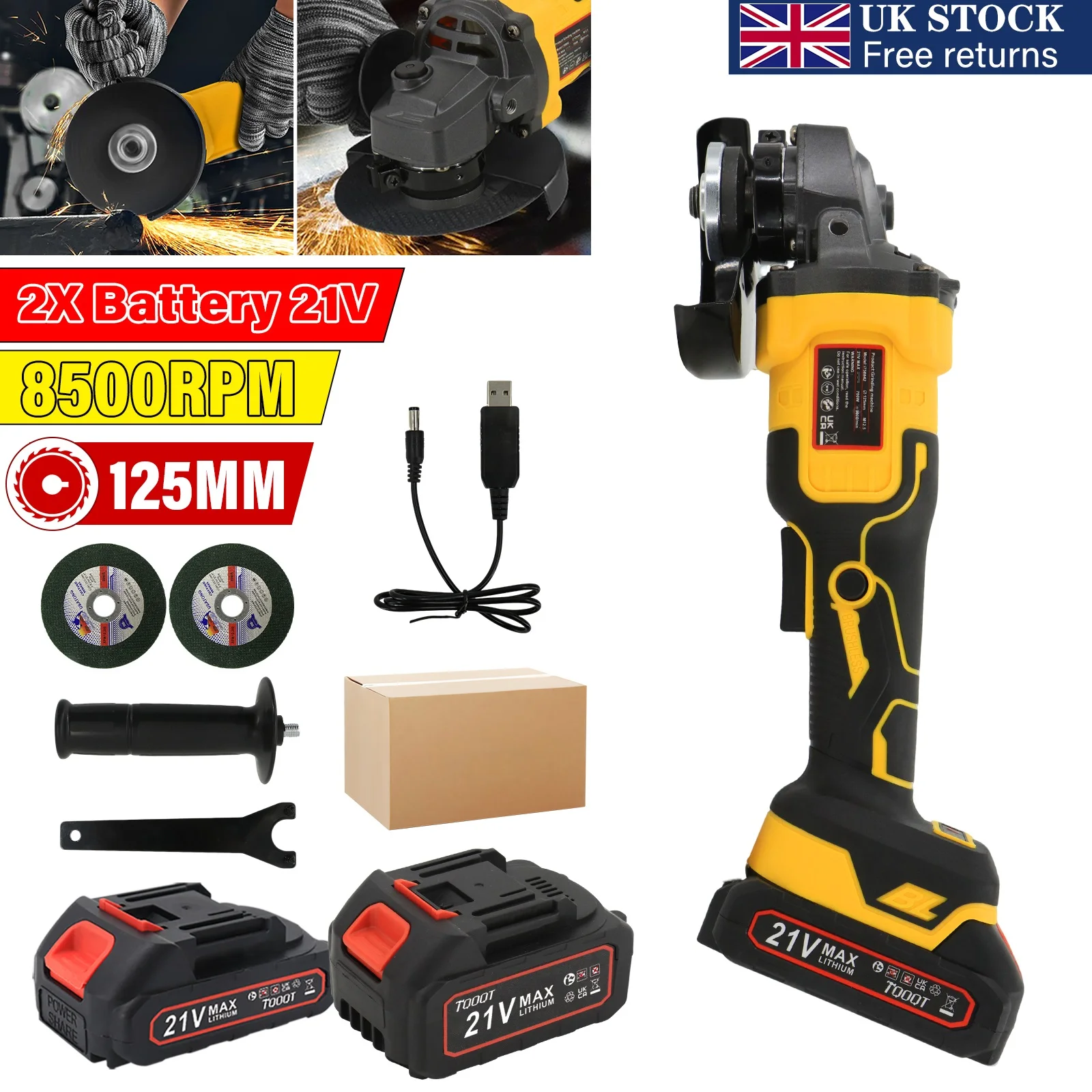 2 Battery 21V Brushless Angle Grinder 125 Mm with 2x Disc Cordless Metal Grinding Cutter Tool