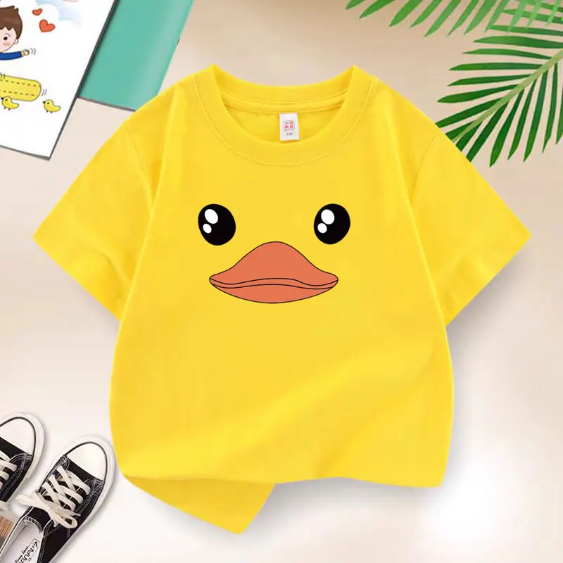 Duck Smiling Face Graphic Print Baby Girls T-shirt Cotton Tops Tee 2025 Summer Fashion Kids T Shirt Teen 6 8 10 12 Years