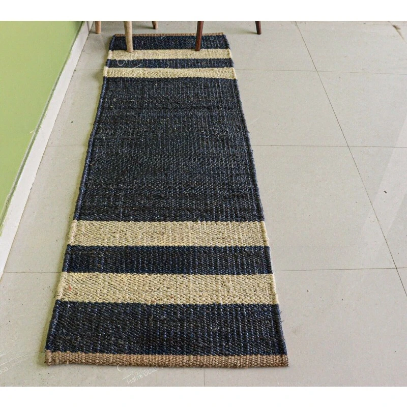 

Indian Hand Woven Hippie Runner Jute Rugs Navy Blue Rug & Off White Rug Carpet