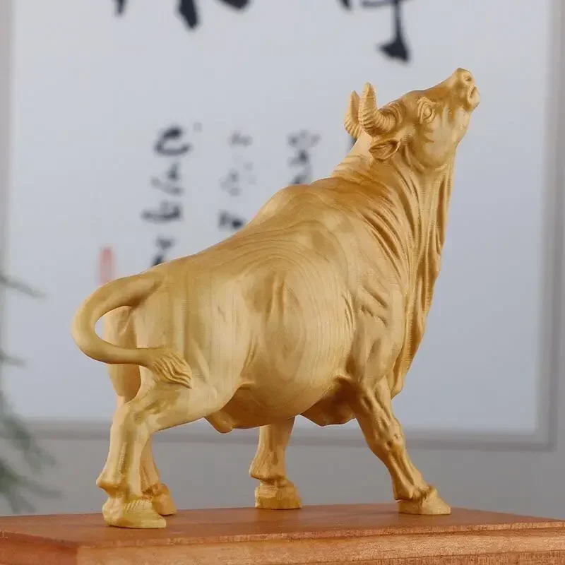 Sky Solid Wood Carving Water Buffalo Old Yellow Bull Bullfighting Table Decoration Cultural And Amusement Resin Craft Figurine