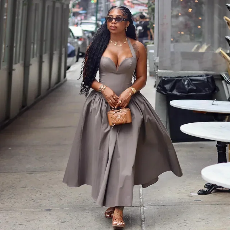 2025 été sans manches doux bretelles mince licou parole longueur longue femmes robe plage fête soirée Sexy Maxi robes