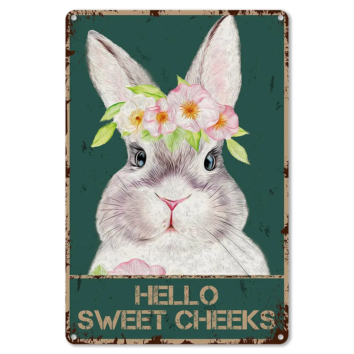 Vintage Hello Sweet Cheeks Rabbit Foral Tin Sign for Toilet Bathroom Washroom Decor Gifts - Best Farmhouse Decor Gift Ideas