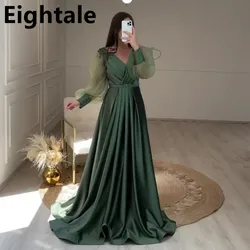 Army Green Arabic Evening Dress Long Luxury 2022 Long Puff Sleeve V neck Appliques Beads Prom Dress Formal Party Gown