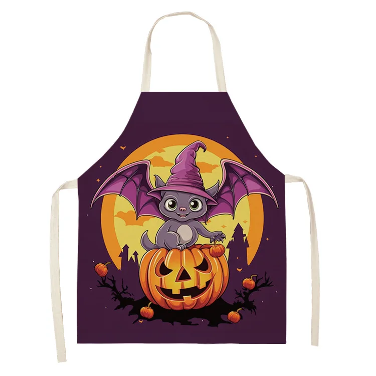 Halloween Black Cat Pumpkin Print Apron Linen Sleeveless Lace Up Kitchen Baking Stains Oil Resistant Adult and Children Cover