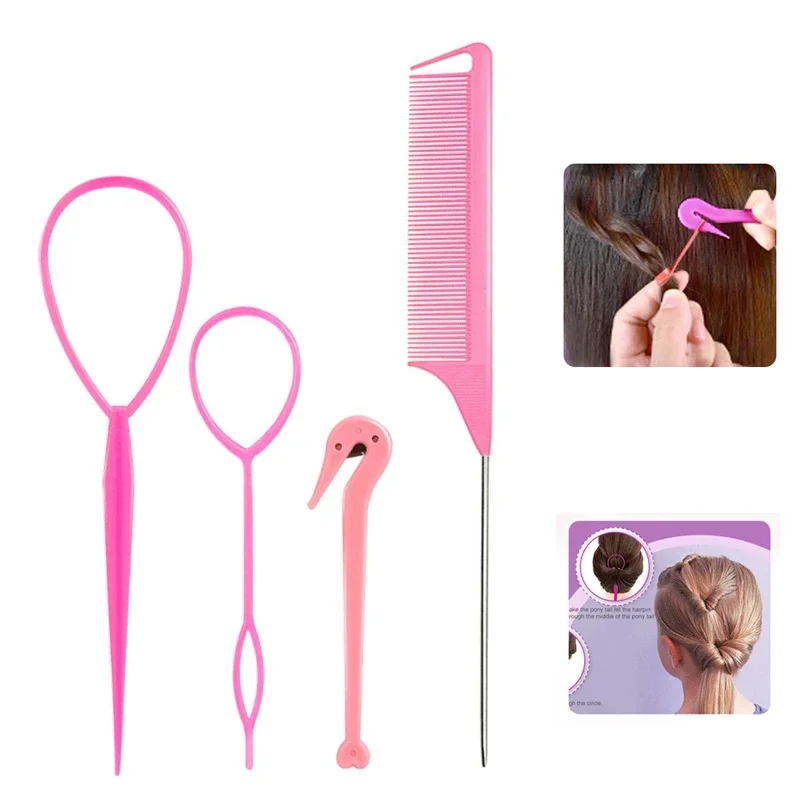 4pcs/set French Braid Tool Loop Elastic Hair Bands Remover Cutter Rat Tail Comb Metal Pin Tail Braiding Combs for Hair Styling