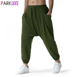 Army Green Baggy Genie Boho Yoga Harem Pants Cotton Low Drop Crotch Joggers Sweatpants Mens Casual Hippie Streetwear Trousers