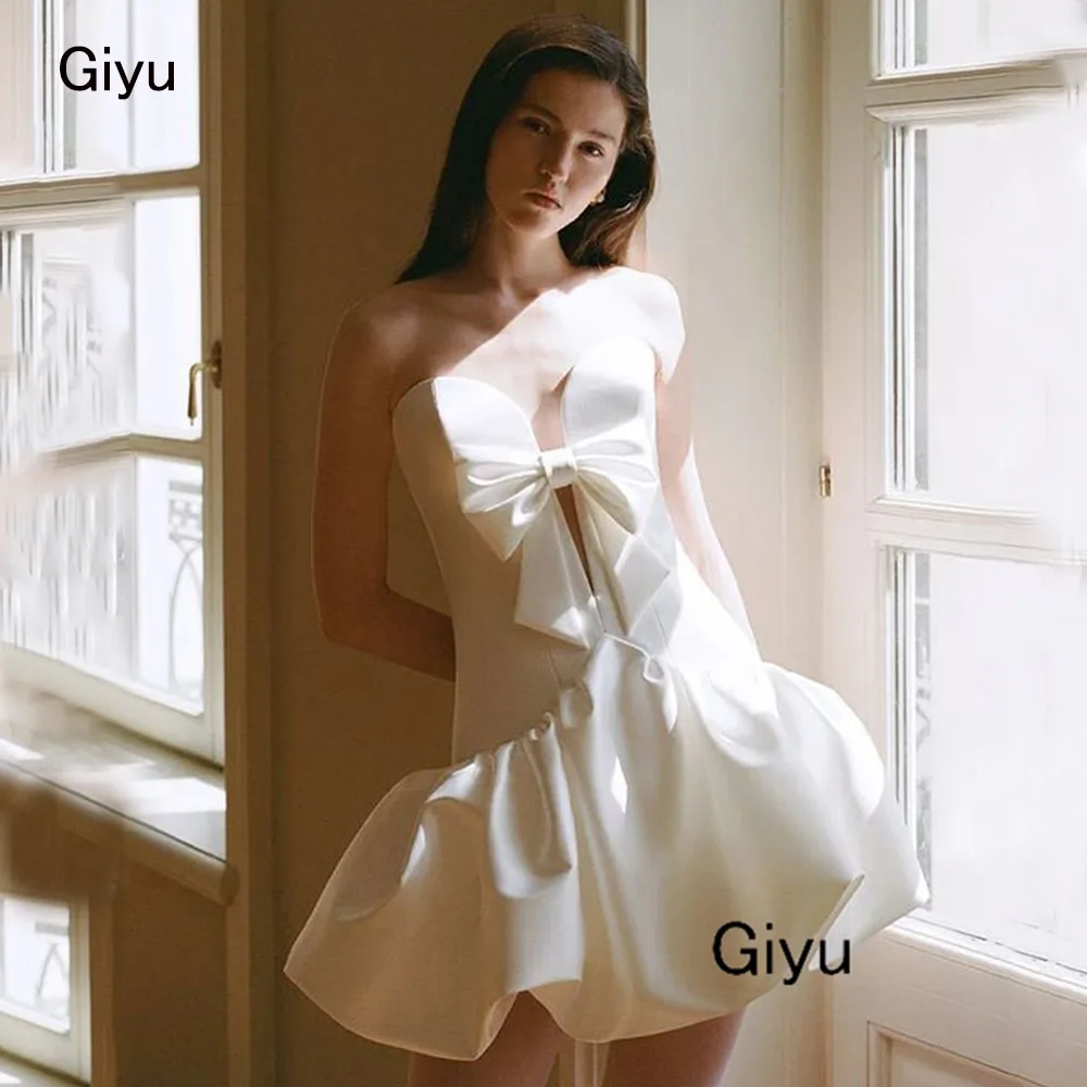 

Giyu Modern Style Bow Mini Wedding Dress 2024 Sweetheart Collar Draped Short-length Above The Knee Birthday Party Dress