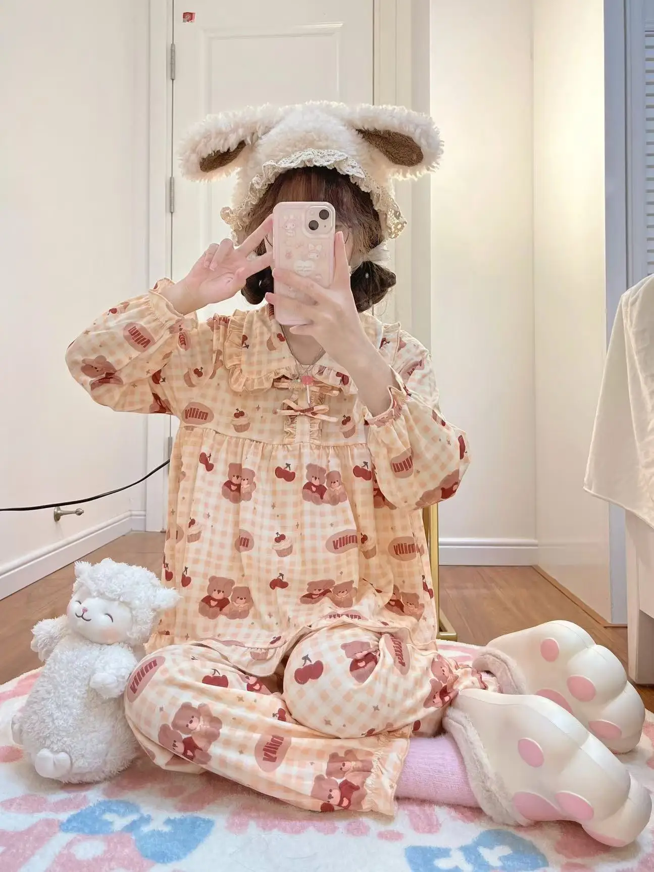 Cake Bear Cute Pajama Sets Sweet Bow Long Sleeve Peter Pan Collar Ruffle Soft Homewear 2024 Spring Autumn Girls Pajamas