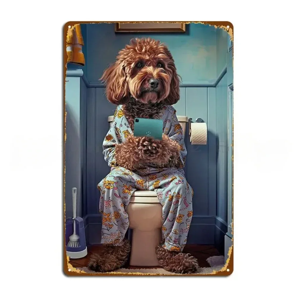 

Brown Cockapoo On The Toilet Funny Dog Art Bathroom Metal Plaque Poster Painting Wall Pub Garage Character Tin Sign Poster