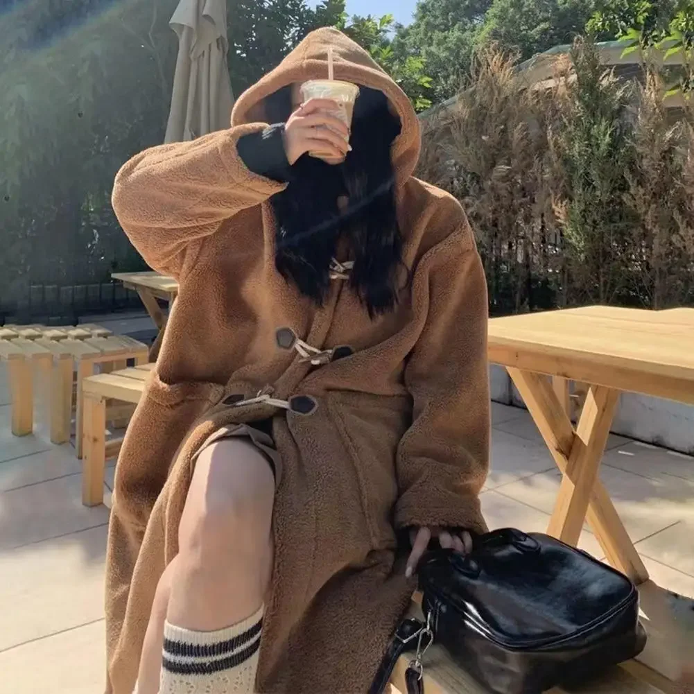 

For Daily Winter Mid-length Women Coat Thick Fleece Horn Button Closure Hooded Outerwear Pure Color Long Sleeves Female Jacket