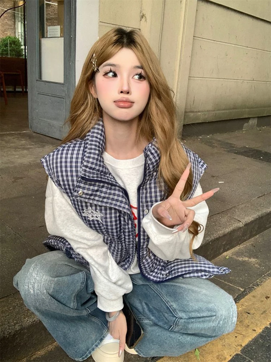 유 자오린 2025 신상 미국 스타일 체크무늬 조끼 여성용 루즈핏 스탠드 칼라 면 폴리에스터 섬유 따뜻한 지퍼