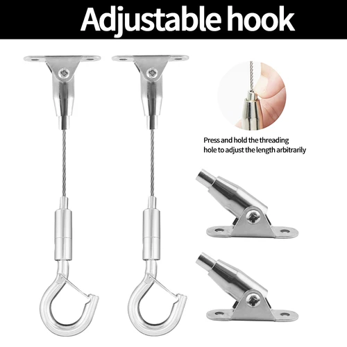 Kit de gancho colgante de cuerda de alambre de acero inoxidable ajustable, gancho de resorte multifuncional y código móvil de 180 °, carga de seguridad de 30kg
