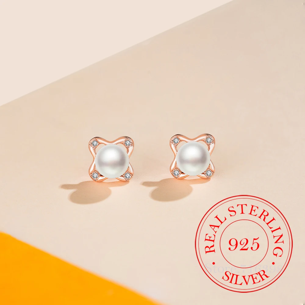

925 Sterling Silver Jewelry 18K Gold Plated Crystal Plant Pearl Stud Earrings for Women Wedding Party Jewelry Girls Friend Gift