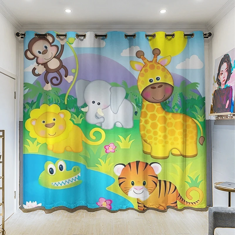 High Shading Curtains Cartoon Green Zoo Animal Children's Room Bedroom Boys Girls Blackout Thickened Hole Kindergarten New Style