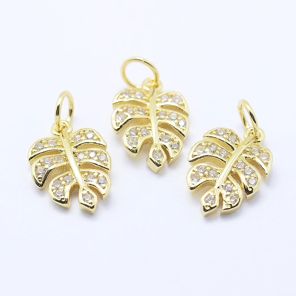 

10pcs Brass Tropical Leaf Charms Micro Pave Cubic Zirconia Monstera Leaf Pendants for Jewelry Making Necklace Bracelet Findings