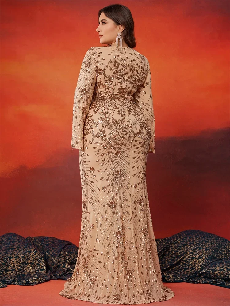 Personalizado luxo jérsei lantejoulas flores sereia vestido de noite temperamento mangas compridas com decote em v até o chão vestidos de celebridades