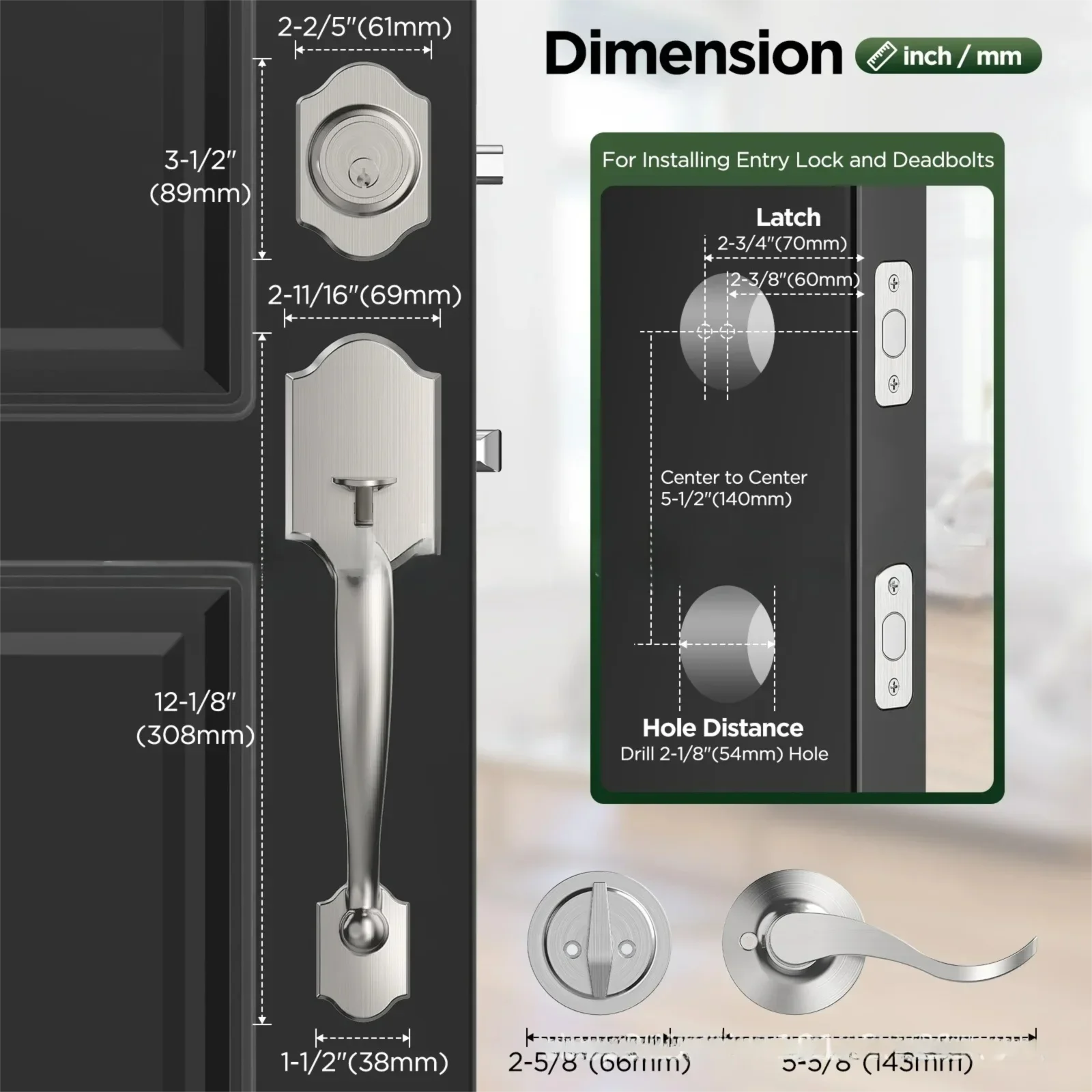 Front Door Lock Handle Deadbolt Set Entry Handleset Exterior with Interior Door Knob Matte Black Satin Nickel Reversible Handle