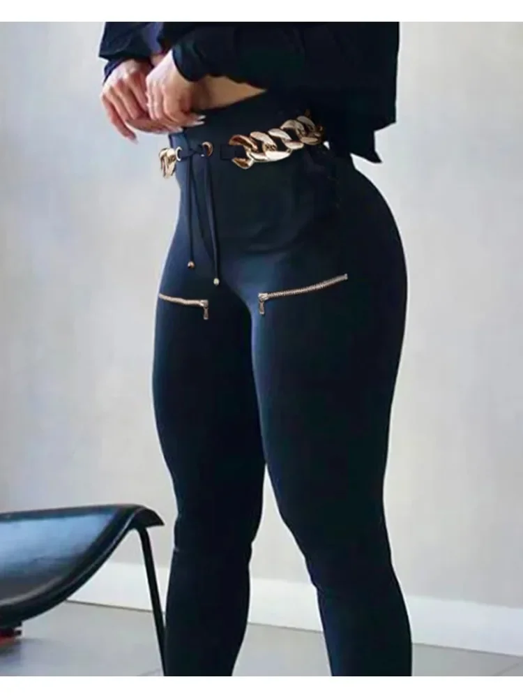 Pantalon skinny taille haute à lacets à œillets pour femmes, streetwear, design zippé, cargo, décontracté, sans ceinture