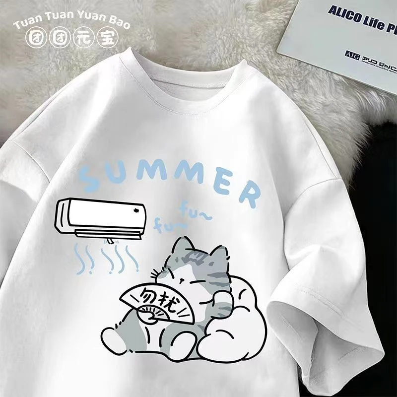 M-8XL Summer Men Oversize T-shirt Korean Casual Loose Style Kitten Blowing Fan Print T-shirt Suitable for Both Men Women image 2