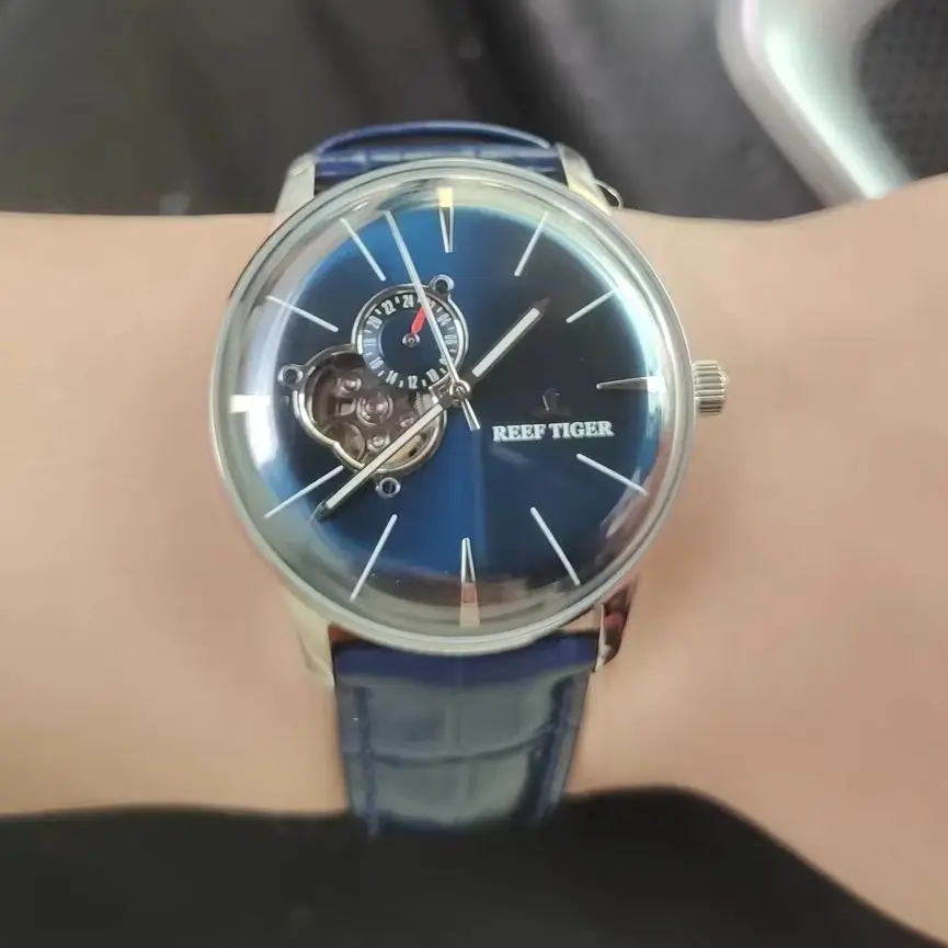Reef Tiger Men Automatic Watch Luxury 43mm Mechanical Wristwatch Sapphire Mirror Luminous Skeleton Dial 50m Waterproof 24 Hours