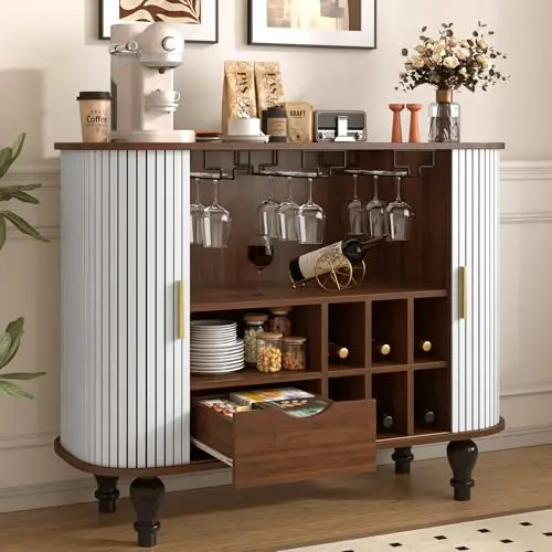 White Coffee Bar Cabinet with 6 Wine Racks and 3 Glass Holders, 39