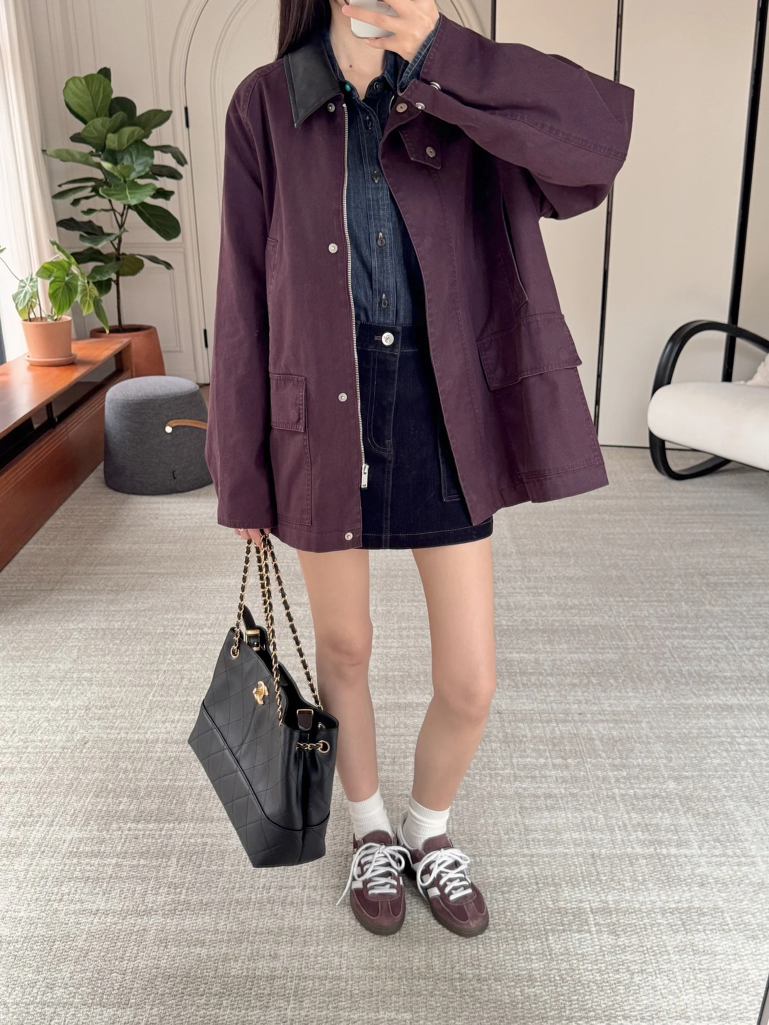 

Ретро-стиль Barn Sle! Куртка-жакет женская из овечьей кожи с воротником-пэчворк, винно-красная, свободного кроя, в рабочем стиле, с длинными рукавами, средней длины, на пуговицах