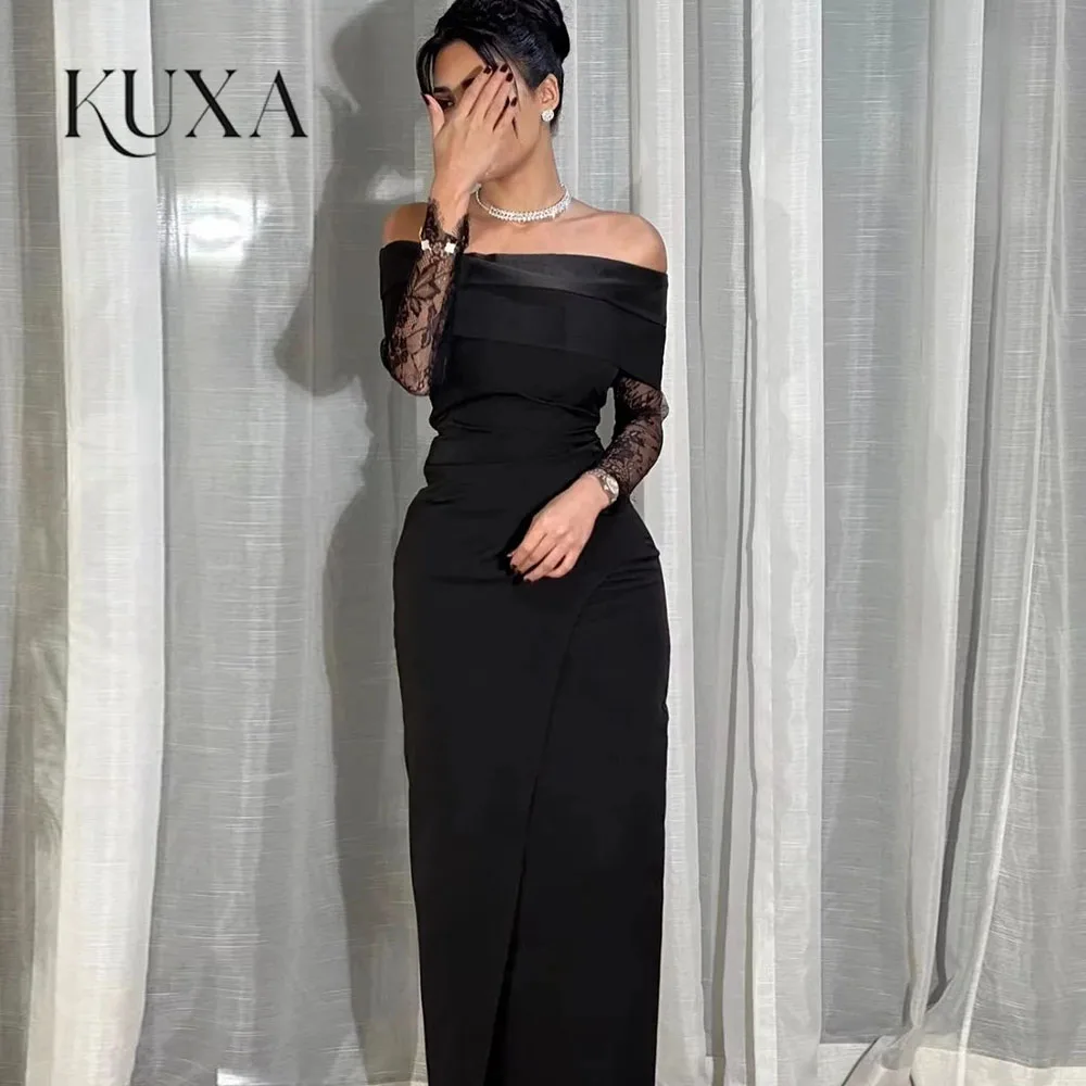 KUXA Maßgeschneiderte moderne schwarze Abendkleider, schulterfrei, mit Rückenschlitz, Meerjungfrau-Stil, elegantes formelles Partykleid für Frauen, Robes De Soirée