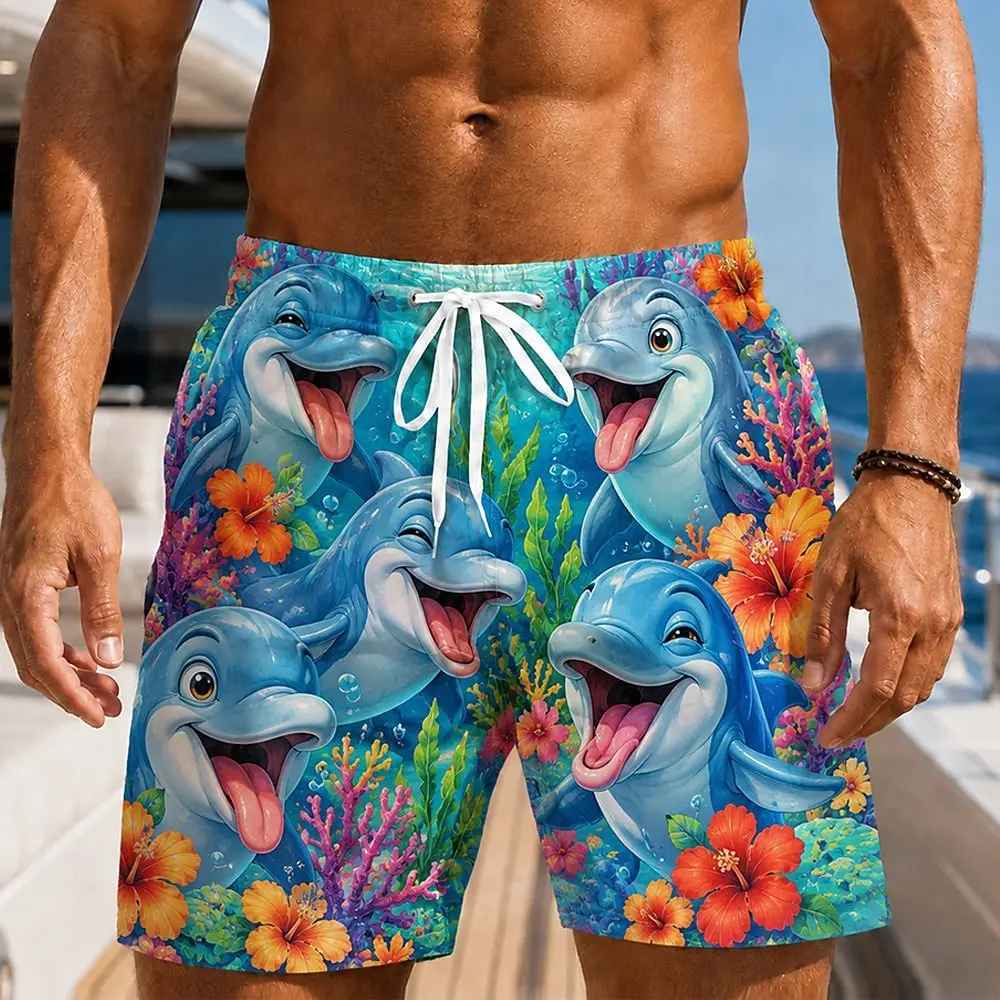 Men's Shark Coral Print Drawstring Waist Shorts, Hawaiian Style For Spring Summer Beach Vacation Daily Casual Fashion Wear