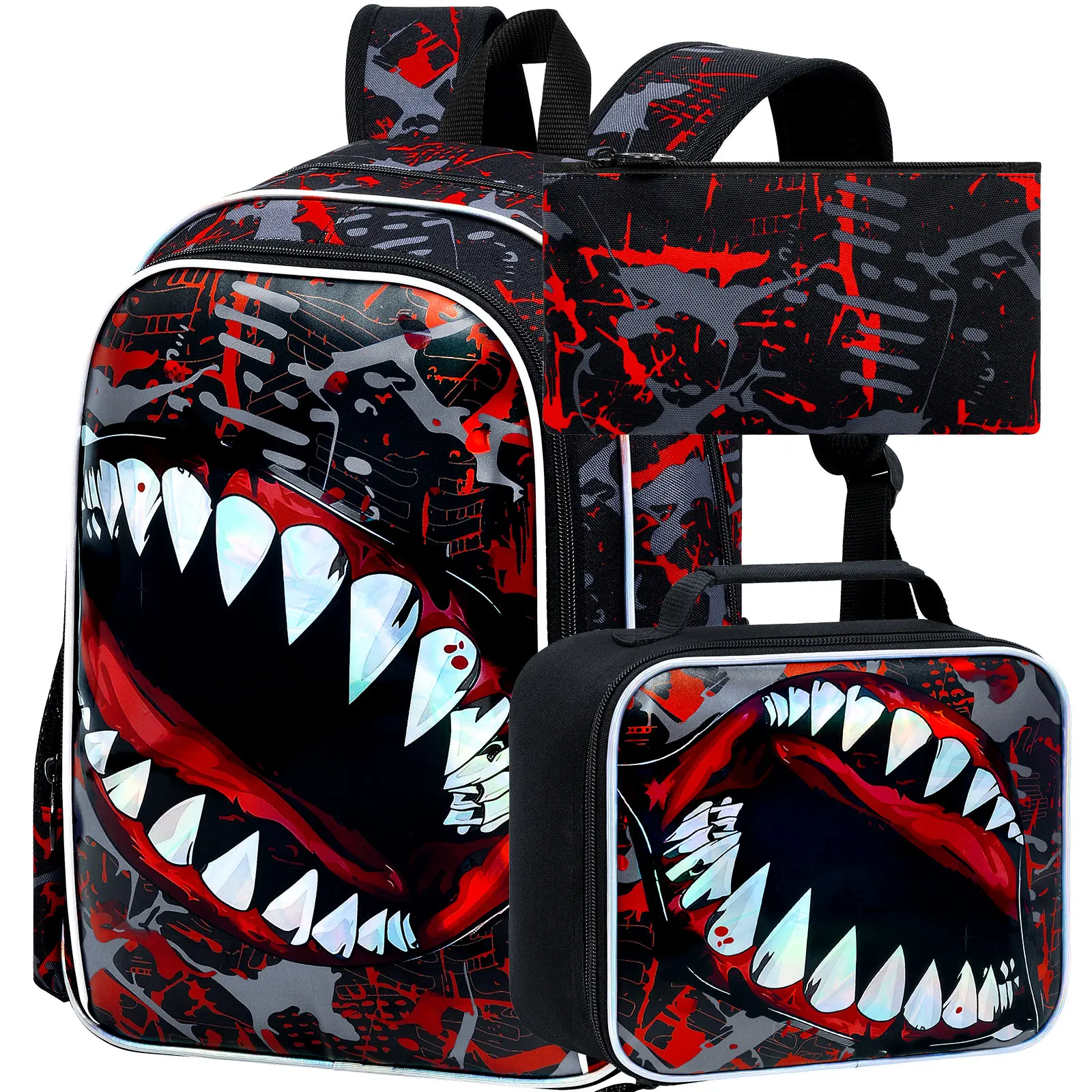 ホログラフィックシャークティースバックパック3点セット-男の子と女の子向けのランチボックス付きトレンディストリートウェアブックバッグ
