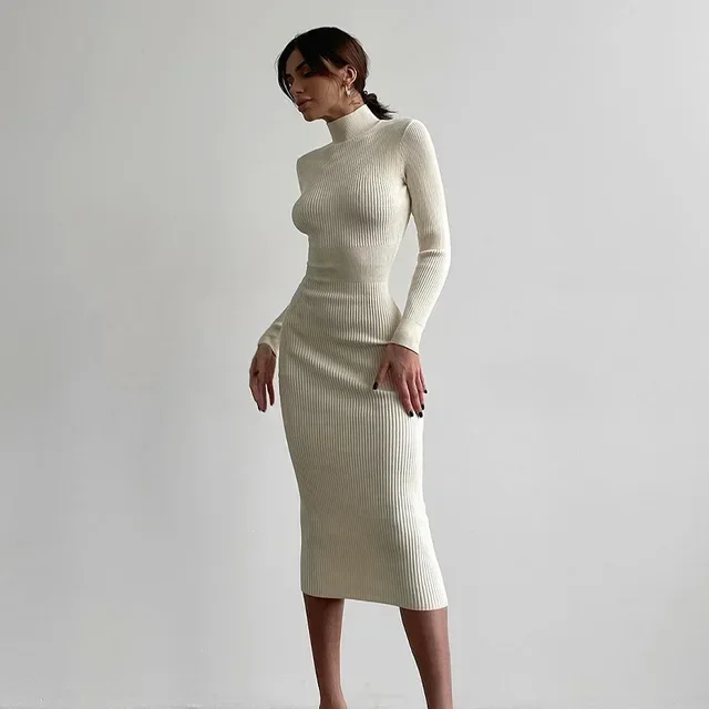 

Tuetleneck Knitted Dresses Women Ribbed Bodycon Long Sleeve Dress Elegant White Midi Long Dress Korean Style