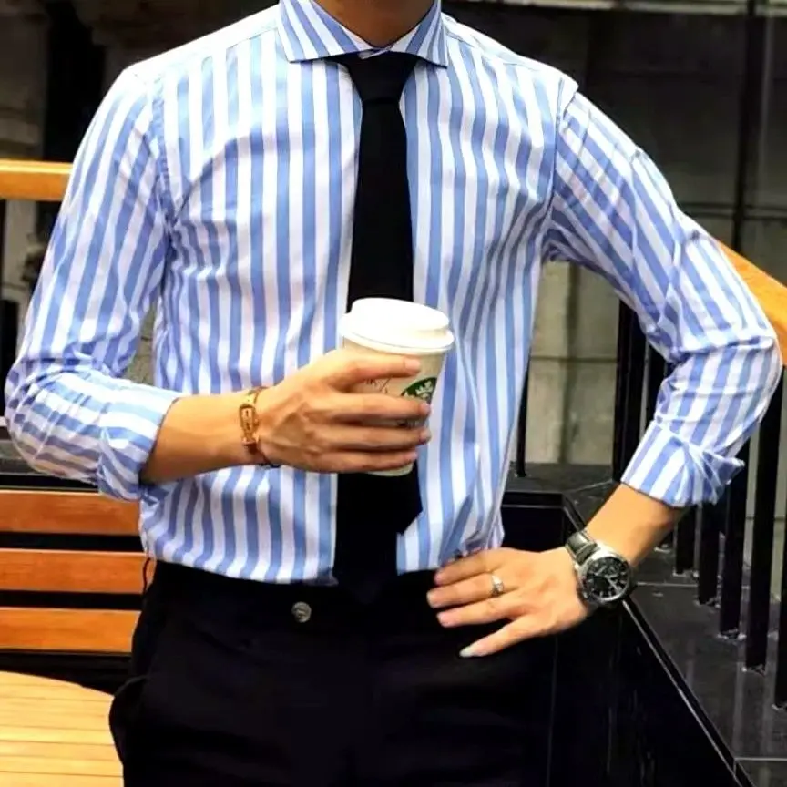 

Классическая мужская рубашка Briti Ele с синими полосками, приталенного кроя, несминаемая, не требующая глажки, с длинным рукавом, воротником и микроэластаном