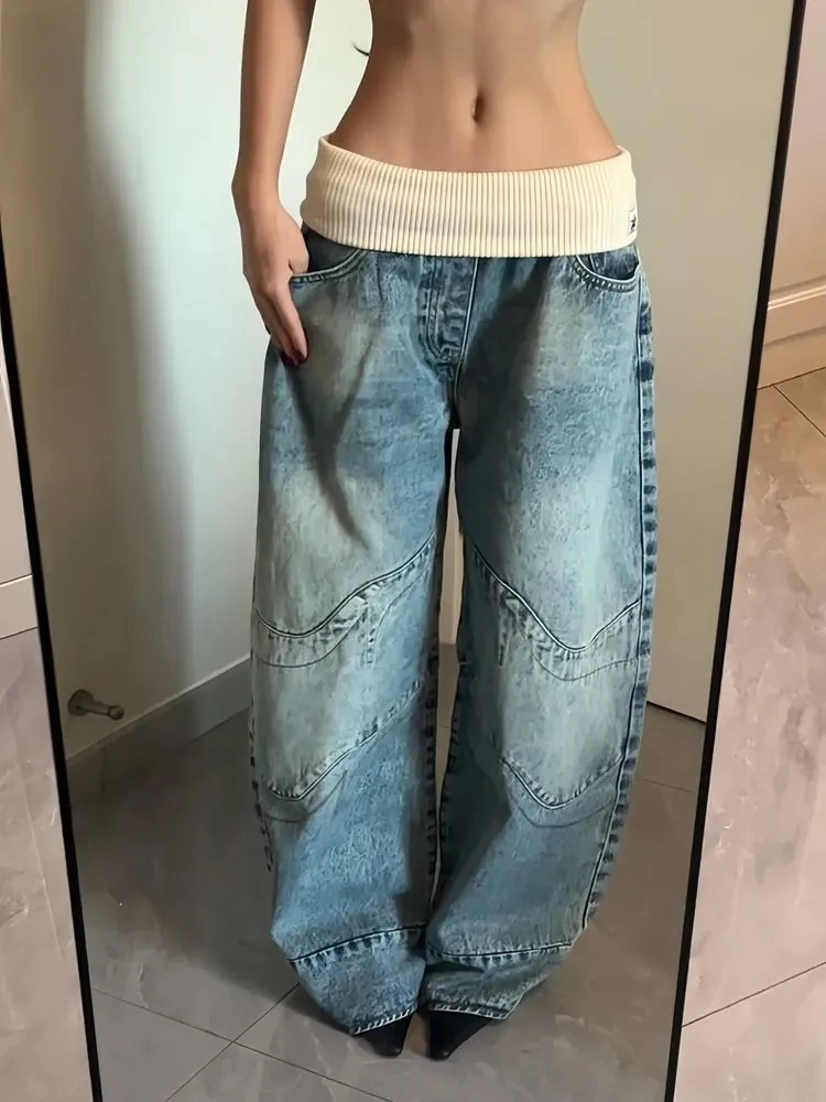 American Style High Waist Cuffed Denim Jeans Women's Vintage Washed Floor-Length Pants Loose Fit Neutral Style Outwear