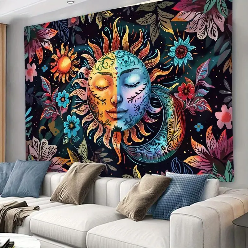 VIKAMA Celestial Sun Moon Tapestry Colorful Floral Boho Mystical Wall Hanging for Bedroom Dorm Room Living Room Wall Decor