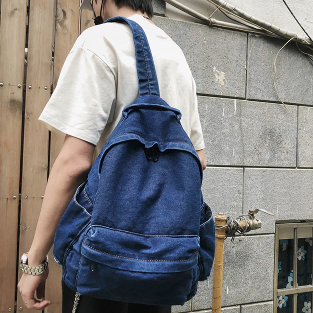 1pc Canvas Rucksack For School School Backpack Work Denim Satchel Travel Shopping Backpack Retro Stylish Dark Blue