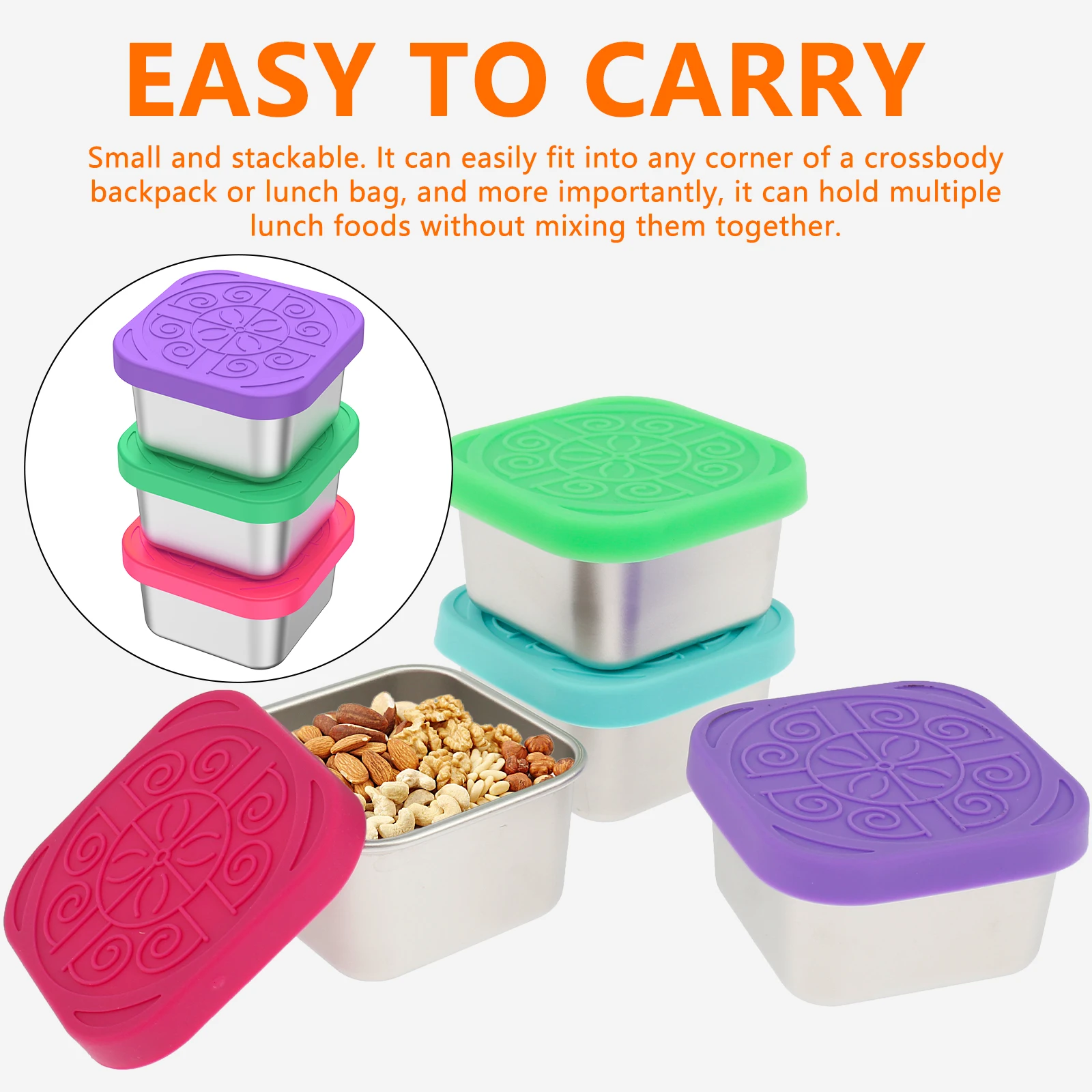 4Pcs 2/6oz Stainless Steel Snack Container Sauce Container with Silicone Lids Leakproof Portable Stackable Dressing Food Storage