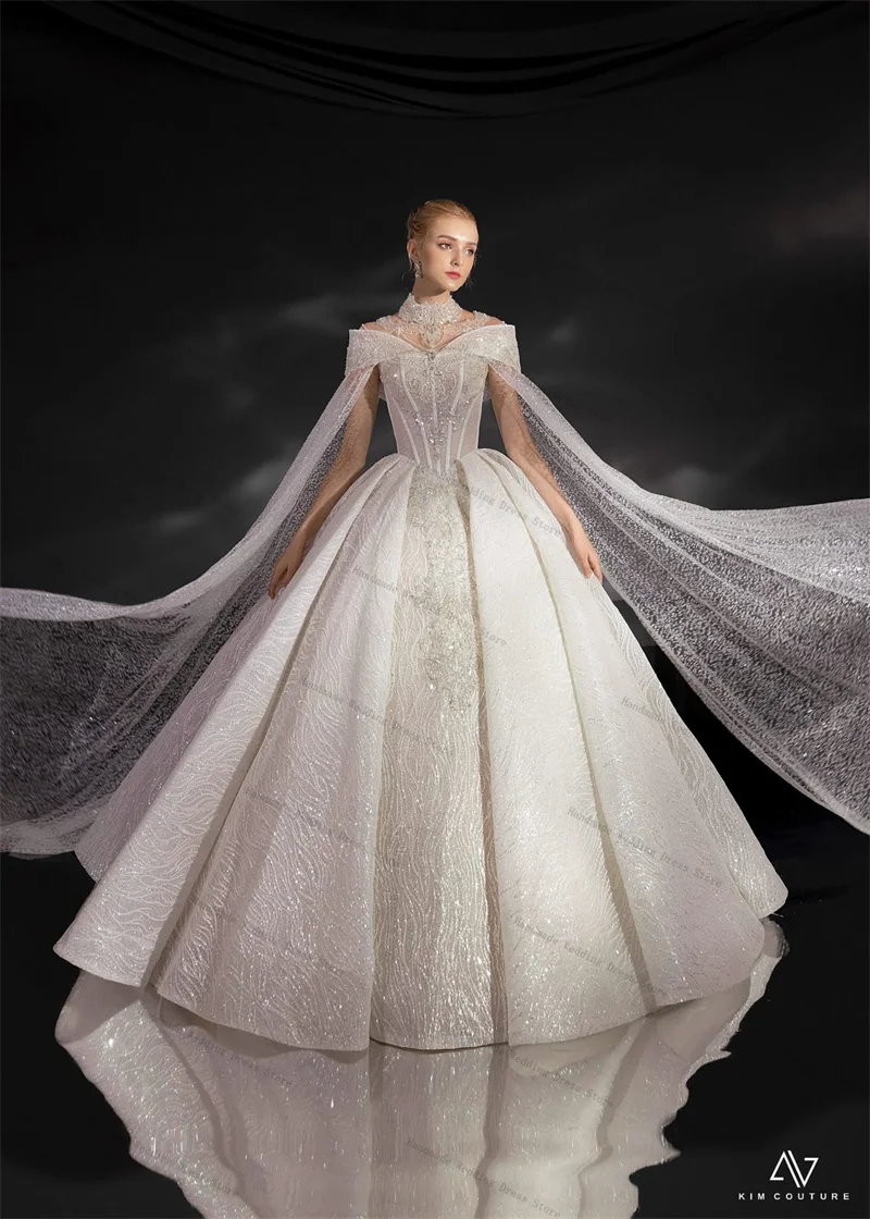 Luxury Wrap Wedding Dress Shiny Sequins Sexy Short Sleeves Tulle A Line Bridal Gown Customized Lace Up Back Long Church Robe