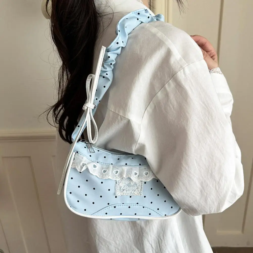 Niedliche Spitzen-Schultertasche mit Tupfenmuster, Süße Unterarmtasche mit Schleife, Y2k Mode, Lässige Umhängetasche, Crossbody-Tasche – Detail 29