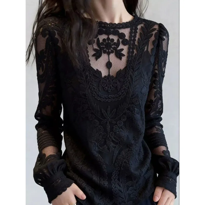French Lace Long Sleeve T-Shirt Women All Season Sweet Youthful Slim Fit Basic Top M-5XL
