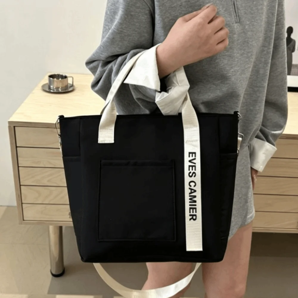 Fashion Nylon Canvas Tote Bag Korean Style Lightweight Shoulder Bag Solid Color Large Capacity Commute Handbag Girl