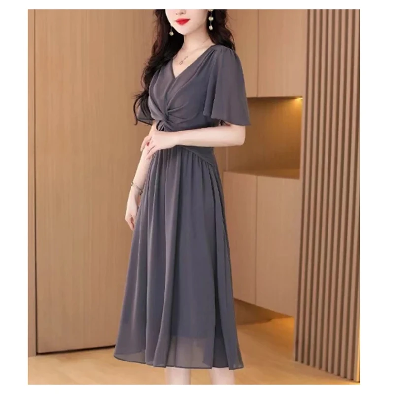 Elegant V-Neck Spliced Loose Folds Shirring Midi Dress Women's Clothing 2024 Summer New Oversized Solid Color Casual Dresses