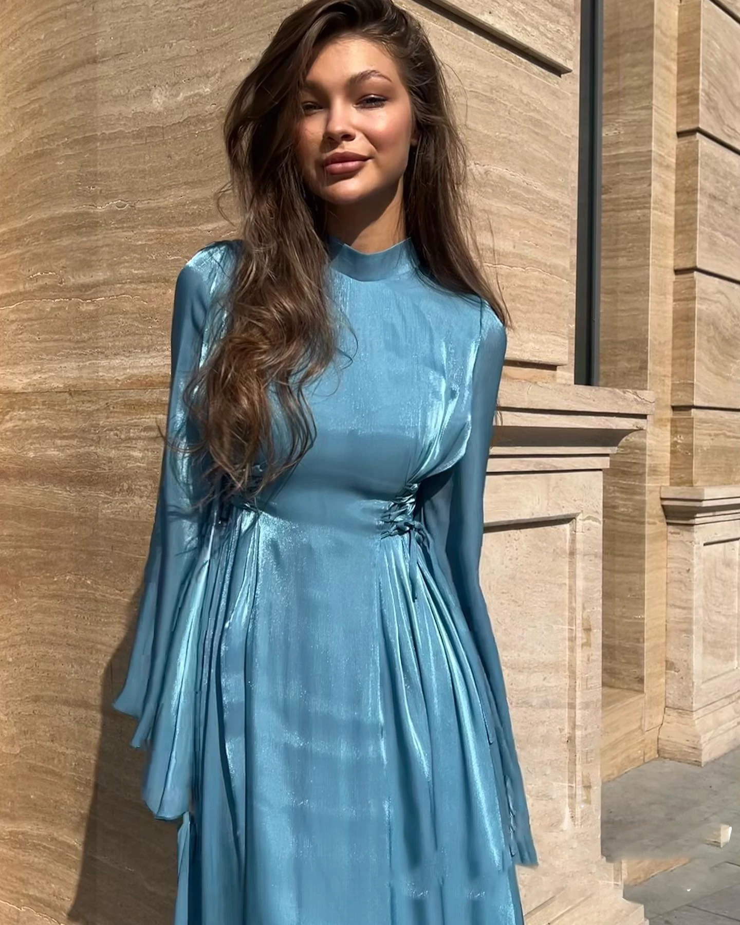 OEING High Luxury Formal Evening Dress Satin Blue Pleat Long Sleeves فساتين سهرة  Ankle Length Elegant Prom Growns Party Women